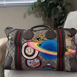 Gucci Beige and Brown Embroidered Duffel Bag